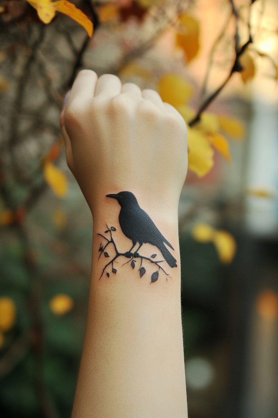 Tattoo of a small crow on the wrist in the style of 8