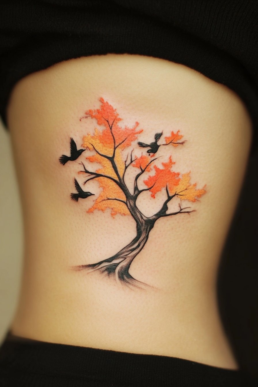 Tattoo of a tree with leaves and birds colorful on 8
