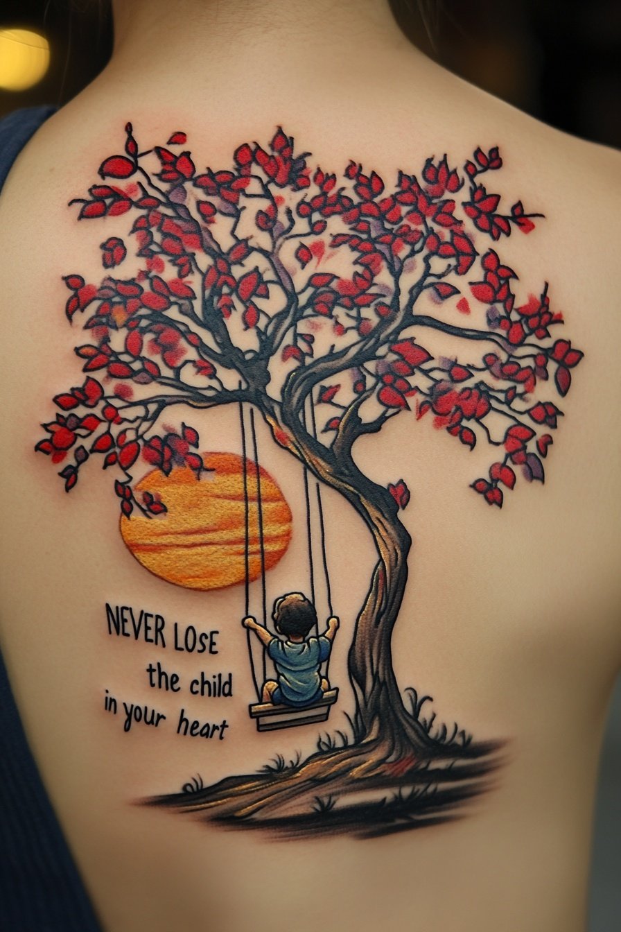 Tattoo of a tree with red leaves and a child on a s b