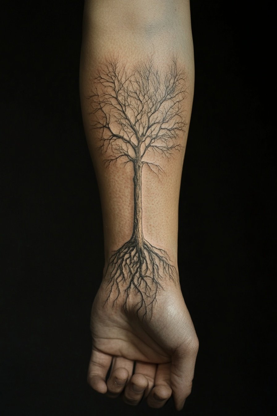 Tattoo of a tree with roots and branches on the for 6