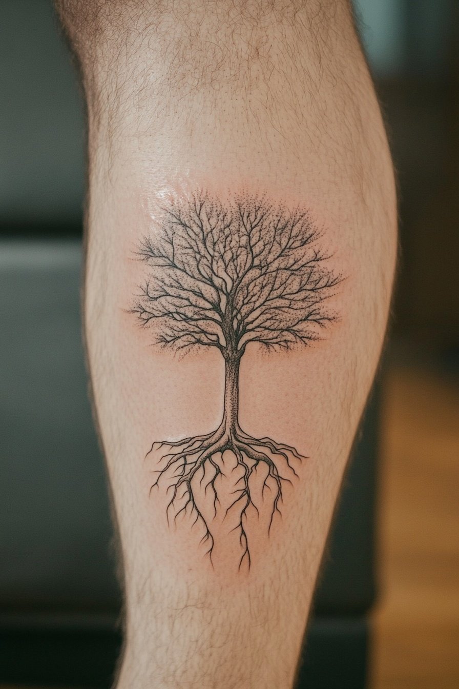 Tattoo of a tree with roots on a mans thigh in a fi 7