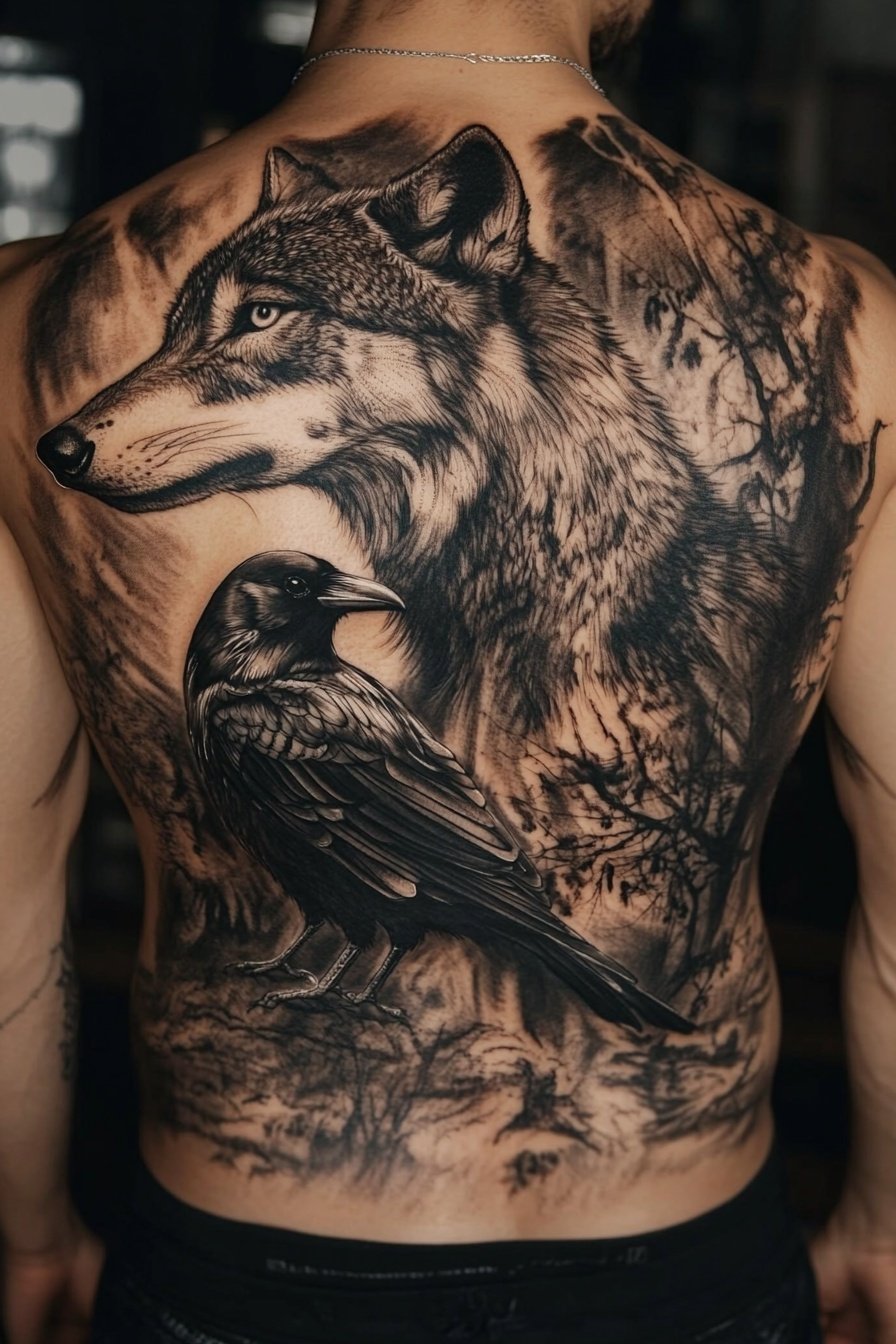 Tattoo of a wolf and raven on the back a hyper-real 8