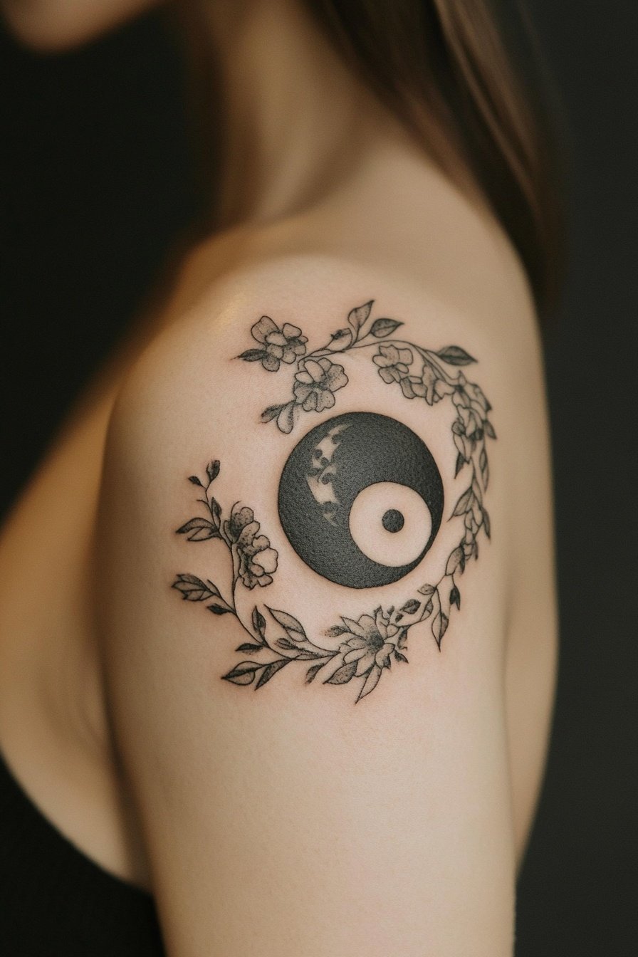 Tattoo of a yin-yang symbol on a womans shoulder a f