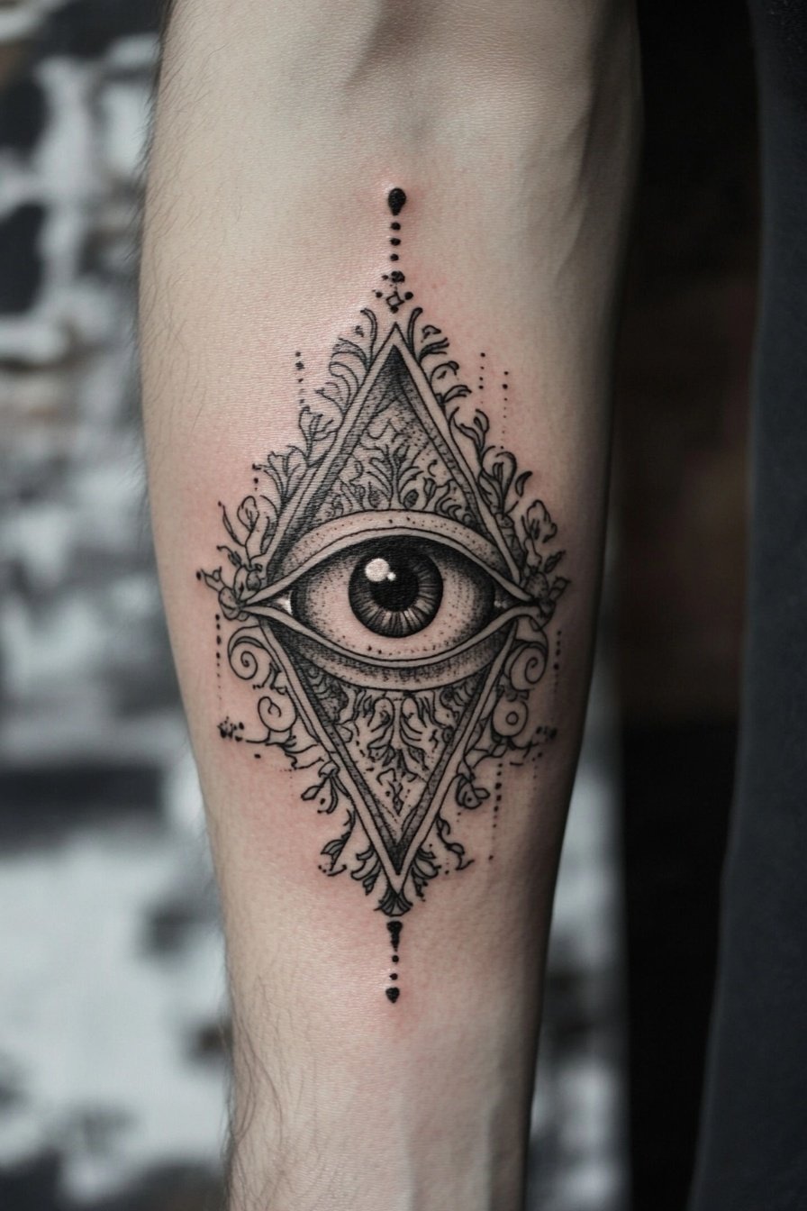 Tattoo of an all-seeing eye in black ink with ornam 5