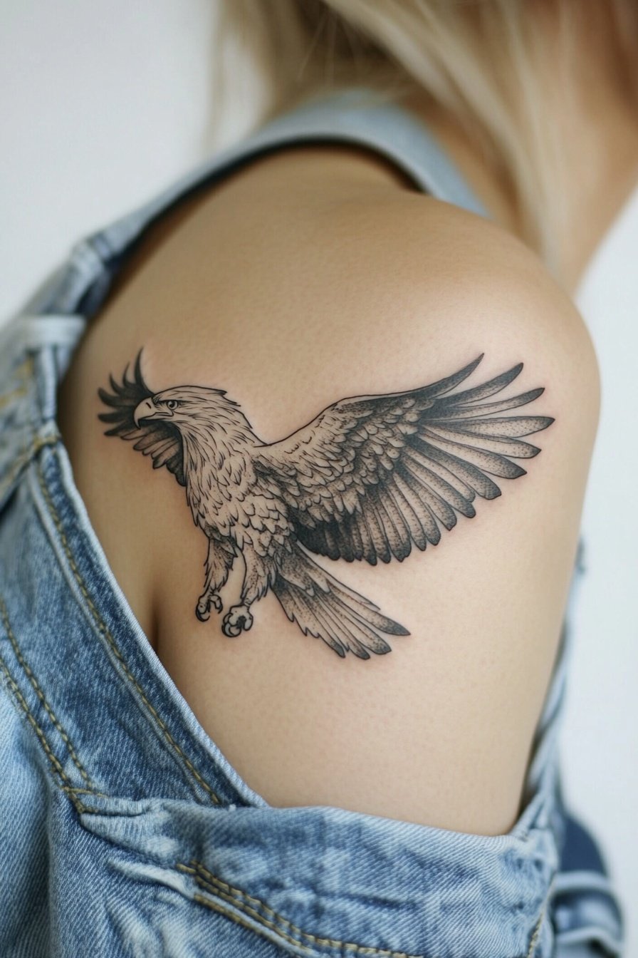 Tattoo of an eagle on the shoulder girl in a denim 3