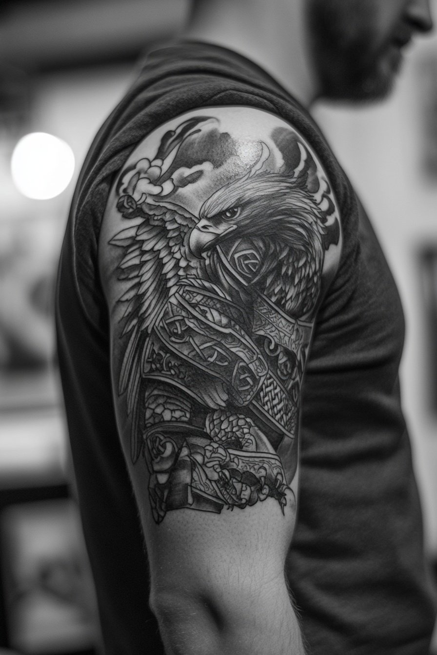 Tattoo of an eagle wearing Viking armor black and g 0