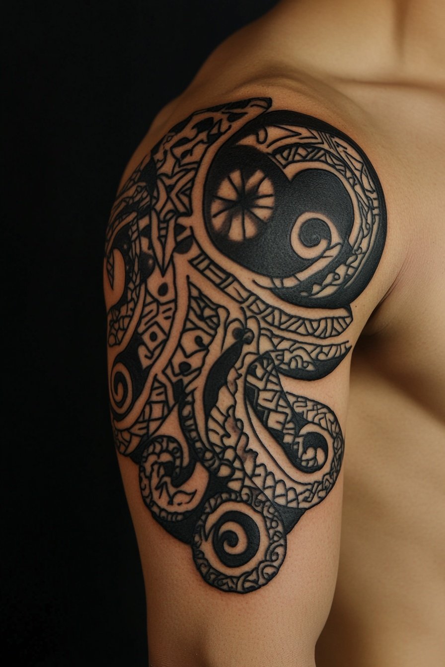 Tattoo of an octopus in the style of Polynesian tri 0