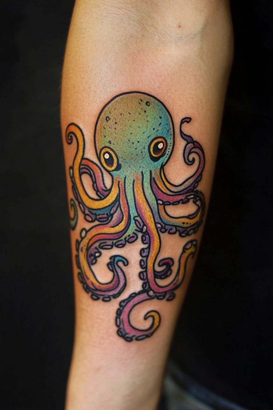 Tattoo of an octopus on the forearm in rainbow colo 5