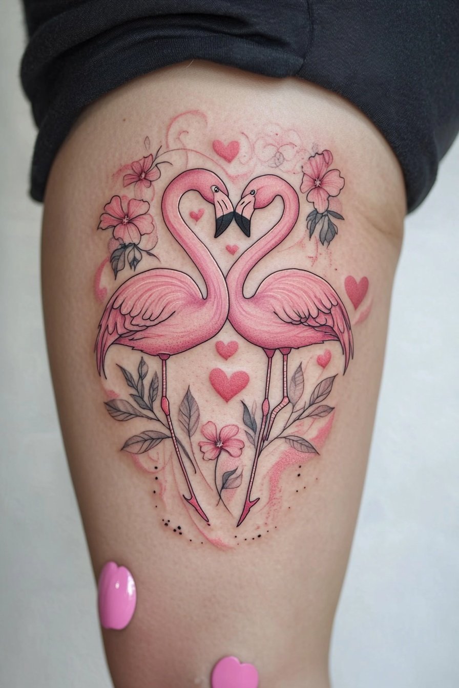 Tattoo of two pink flamingos with leaves and flower c
