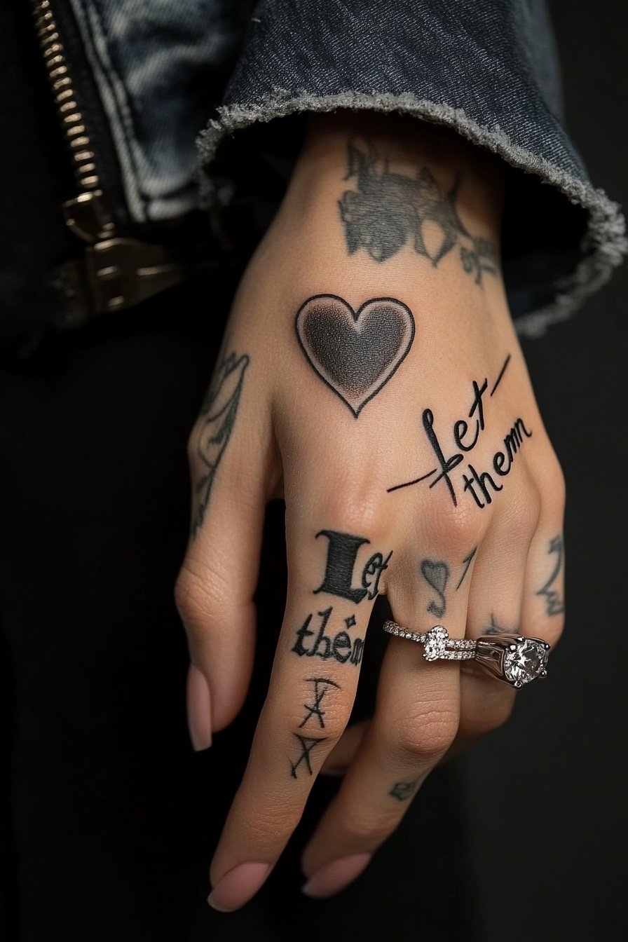 Tattoo on a womans hand with the word Let them in