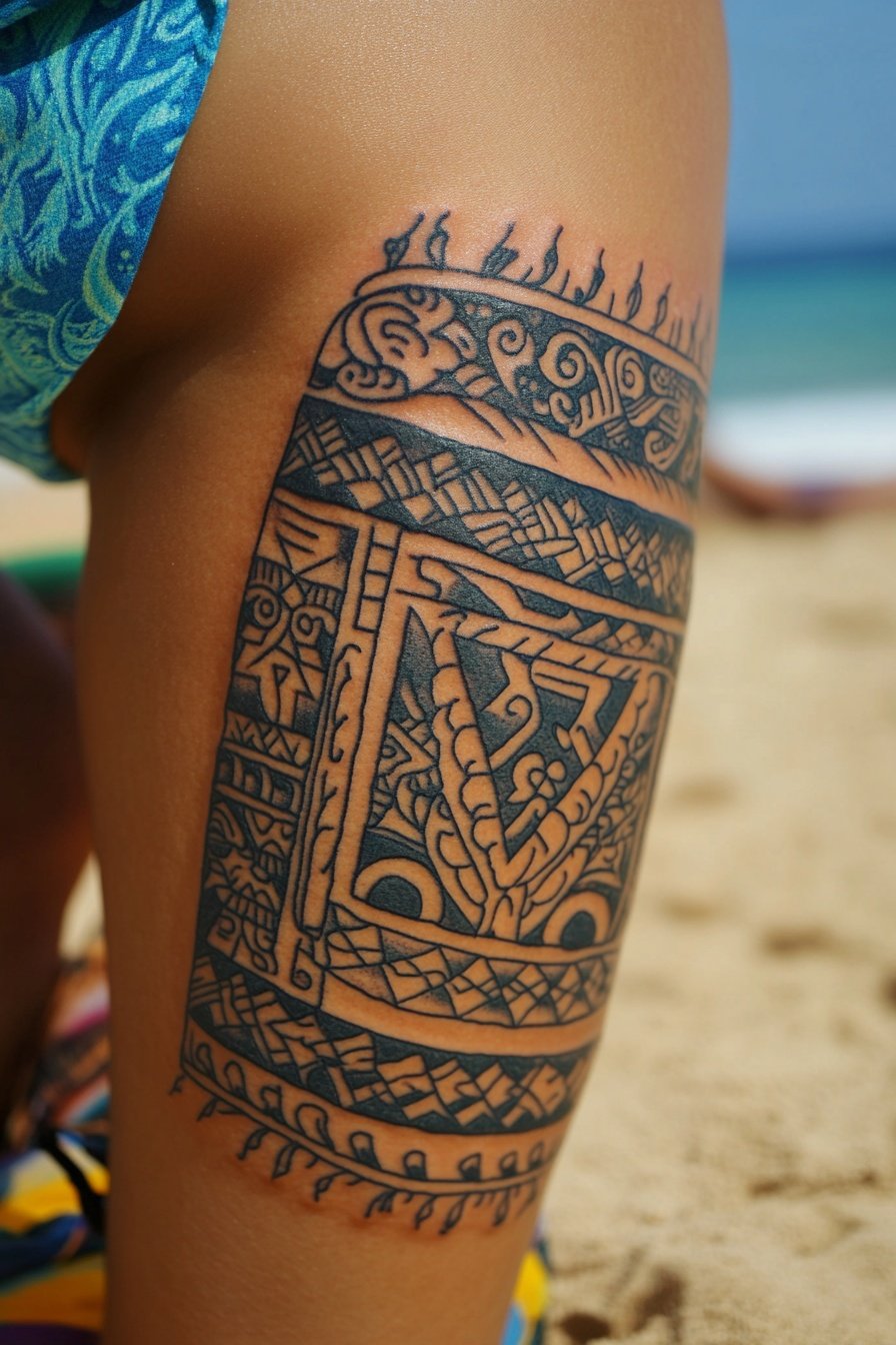 Tattoo on a womans leg a Polynesian tribal tattoo d 1