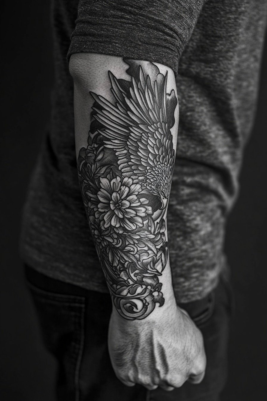 Tattoo on forearm dark gray shirt with black sleeve 2