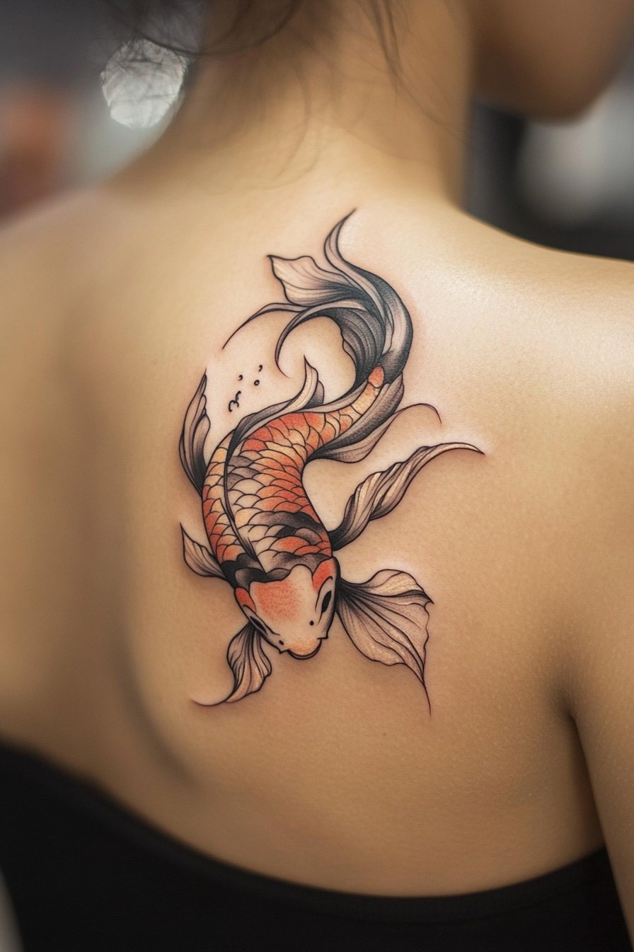 Tattoo on the shoulder of an Asian girl in a minima f
