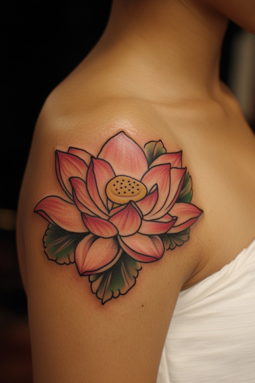Tattoo on the shoulder of an Asian woman wearing wh d