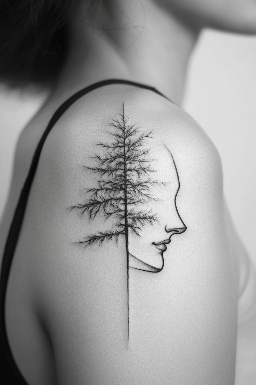 Tattoo on the shoulder of an elegant girl in a mini 9