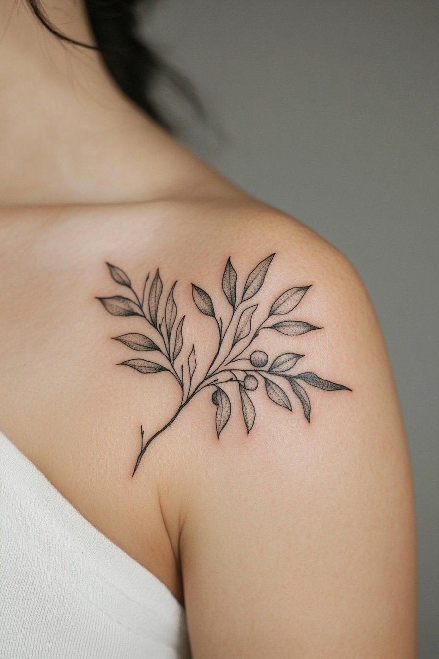 Tattoo on the shoulder of an olive tree with leaves 8