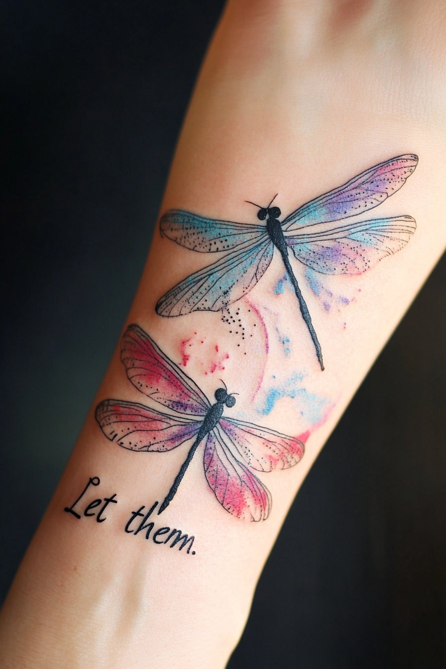 Tattoo on the wrist of dragonflies with pink and b