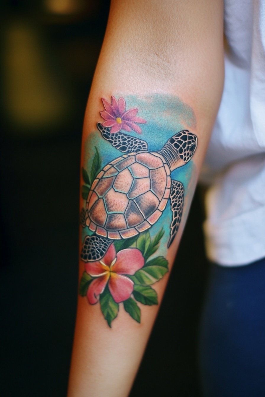 Watercolor-style turtle tattoo colorful design on t a
