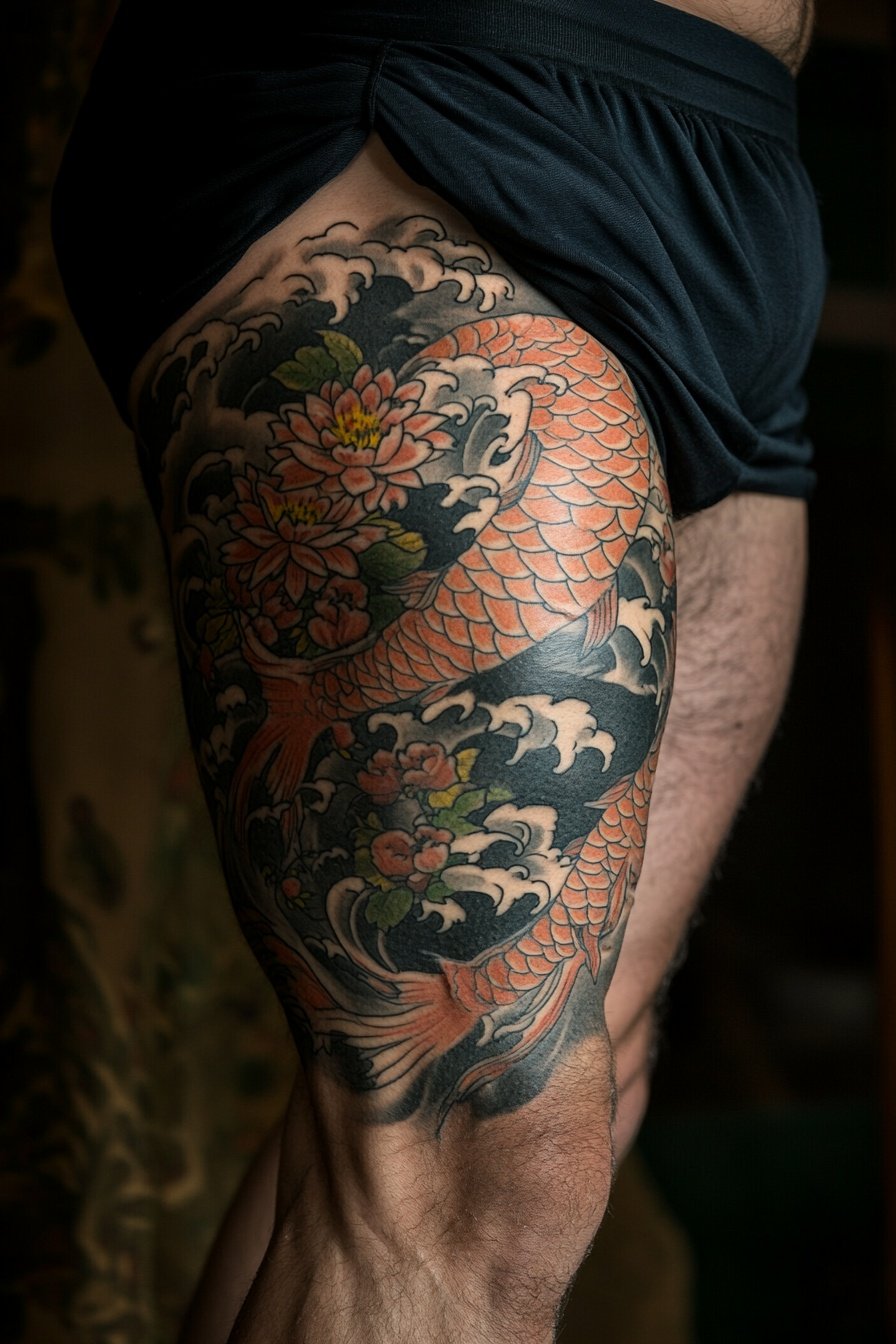realistic photo of an upper body tattoo on the thig 8